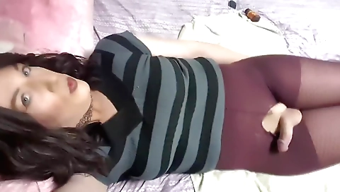 Blonde shemale masturbates her body with a huge toy