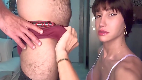 Shemale with a nice ass sucking the dick and a creampie