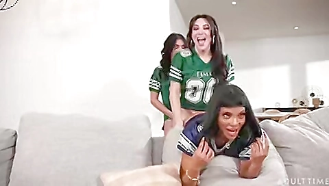 Busty brunette with a sexy tattoo gets two dicks in her pussy