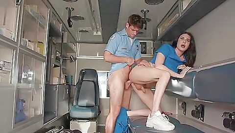 Busty brunette nurse gets a dick inside her tight pussy