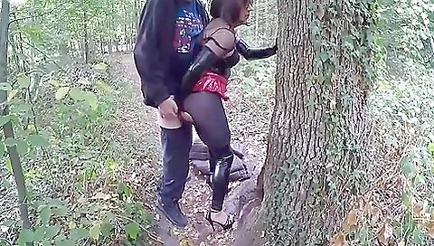 Teen in jeans fucks her ass with latex as she is taken outdoors