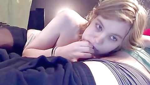 Blonde takes a great blowjob and gets wet and hard