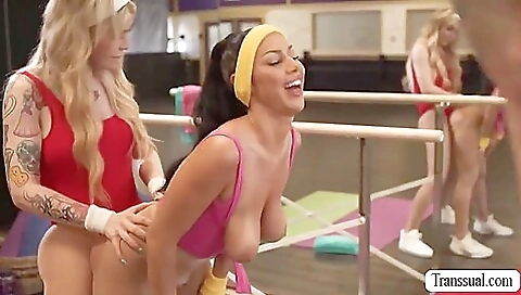 Busty brunette and a transvestite are fucking with a guy