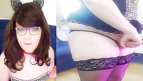 Amateur brunette in stockings enjoys stroking her clit